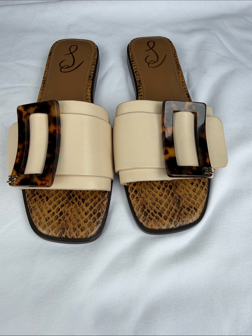 Sam Edelman Cream Slide Sandals with Tortoiseshell Buckle
